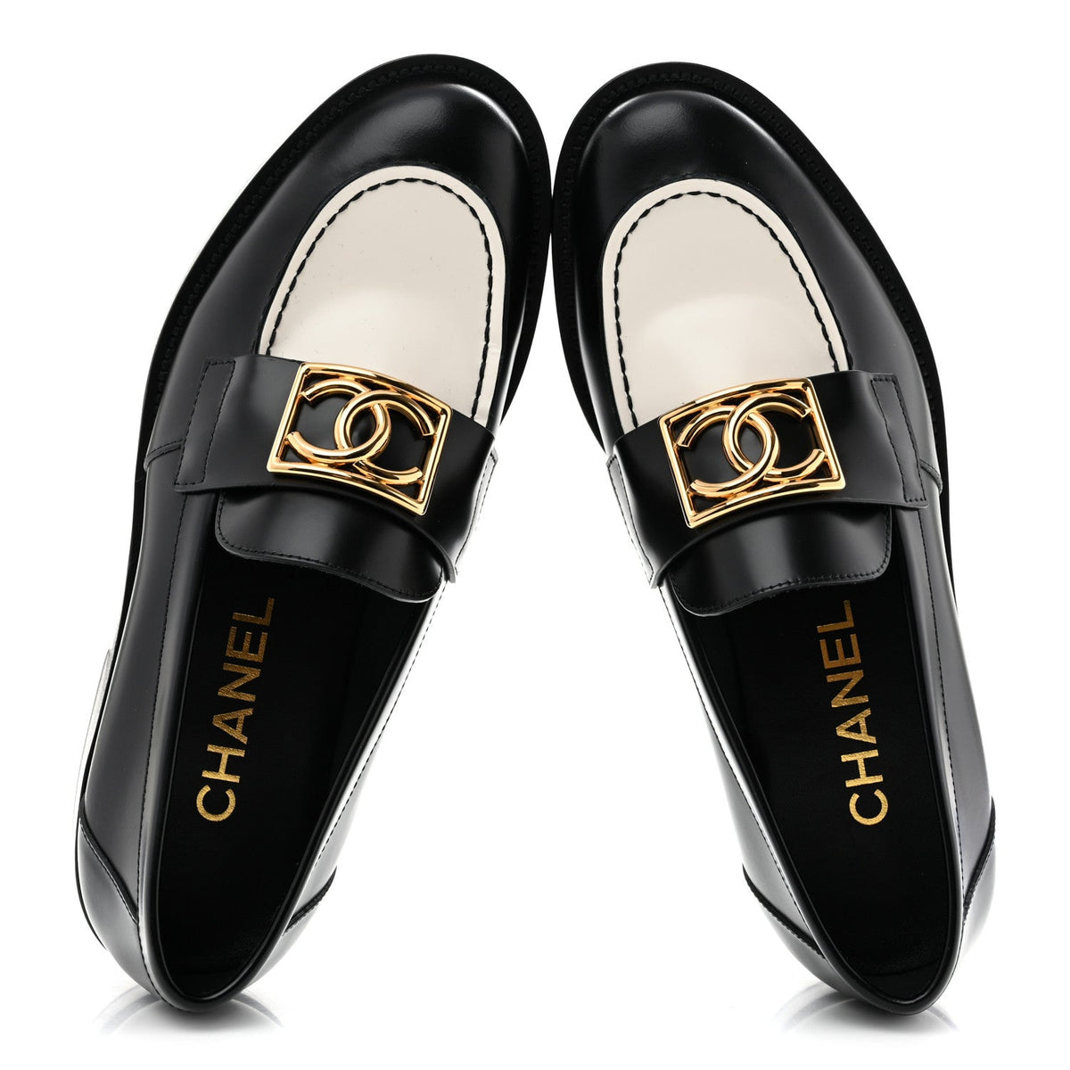 Shiny Calfskin CC Loafers Black White 37 Black White
