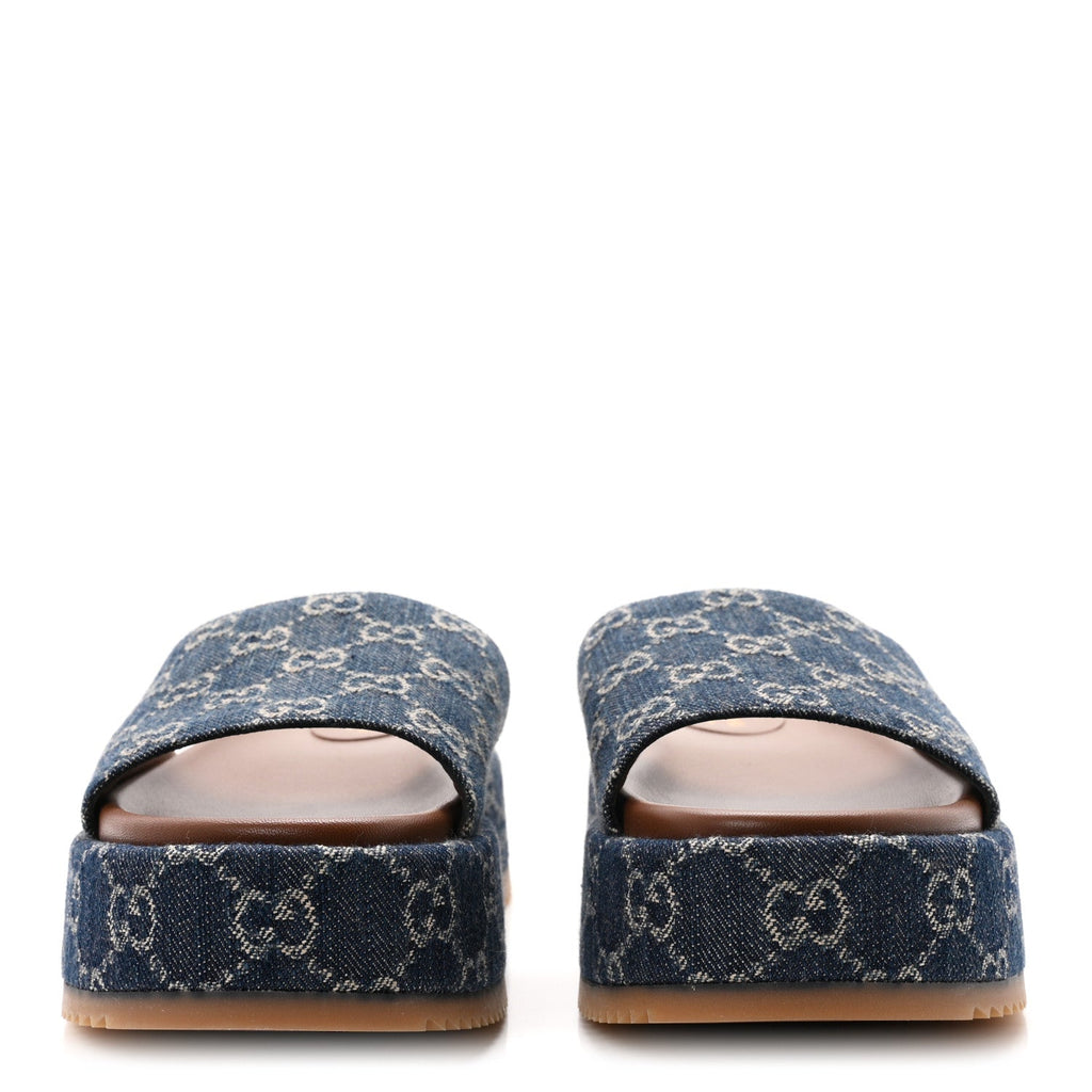 New Denim GG Monogram Angelina Platform 55mm Slide Sandals 40.5 Blue Tea