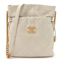 Calfskin Quilted Drawstring Bucket Bag White