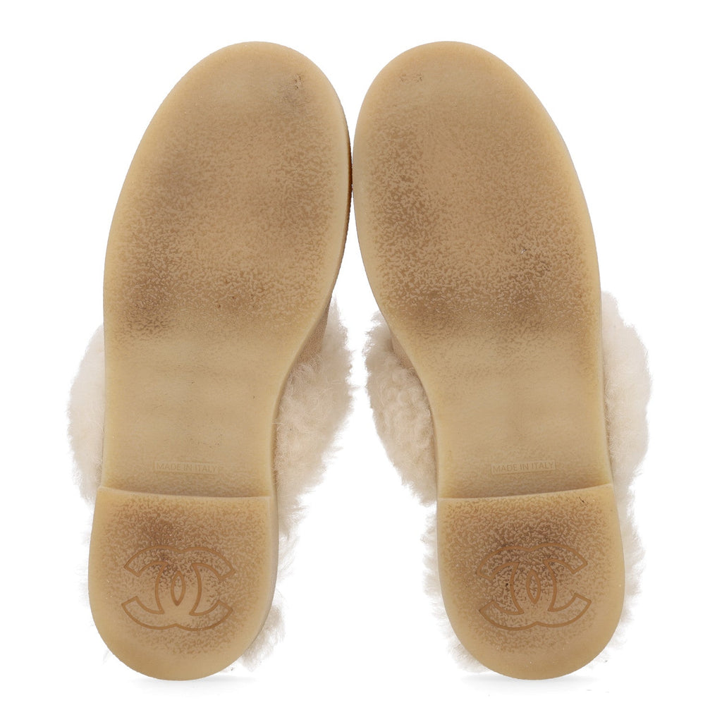 Suede Shearling CC Cap Toe Mules 37 Beige Black