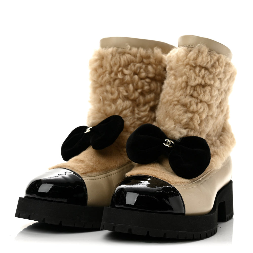 Shearling Lambskin Calfskin Patent Bow Short Boots 36.5 Beige Black