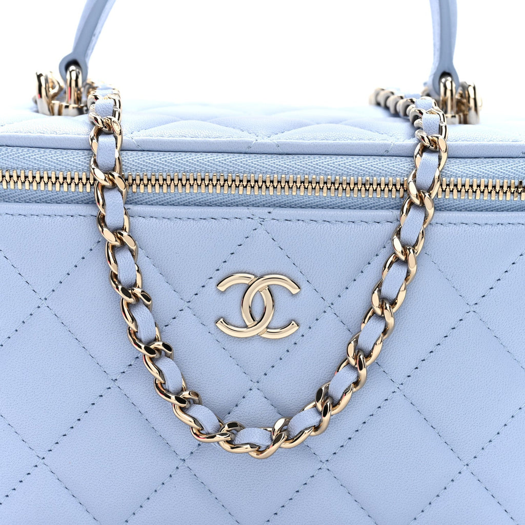 Lambskin Quilted Small Top Handle Vanity Case With Chain Light Blue