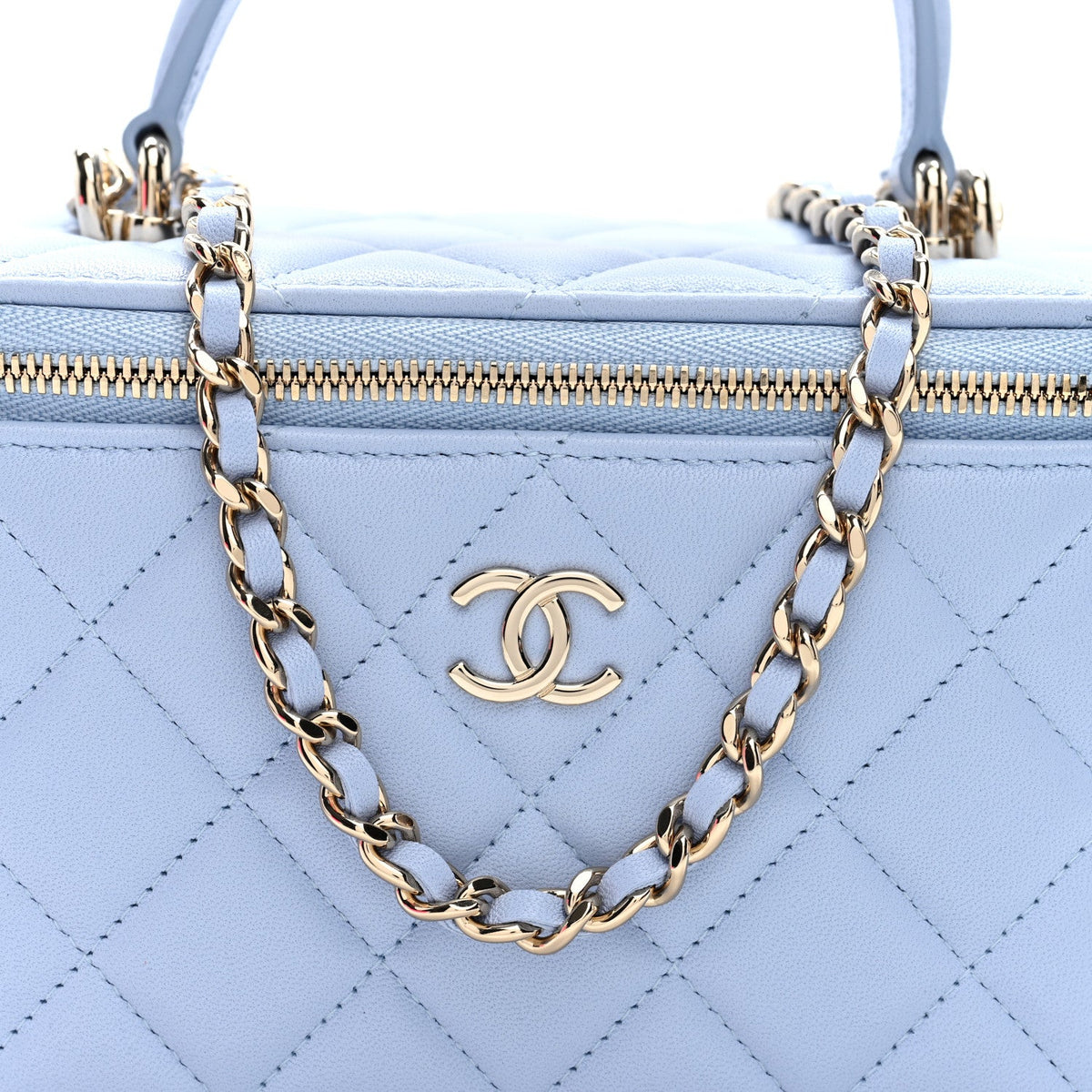 Lambskin Quilted Small Top Handle Vanity Case With Chain Light Blue