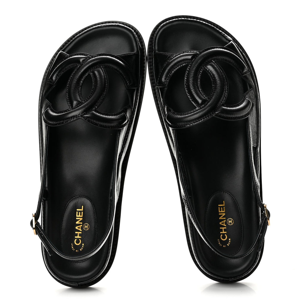 Crumpled Shiny Lambskin CC Cut Out Dad Sandals 40 Black