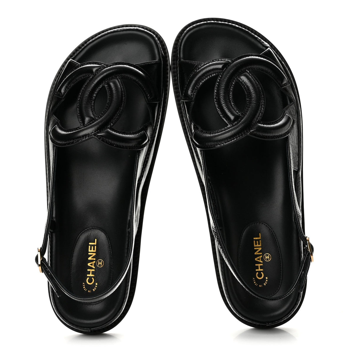 Crumpled Shiny Lambskin CC Cut Out Dad Sandals 40 Black