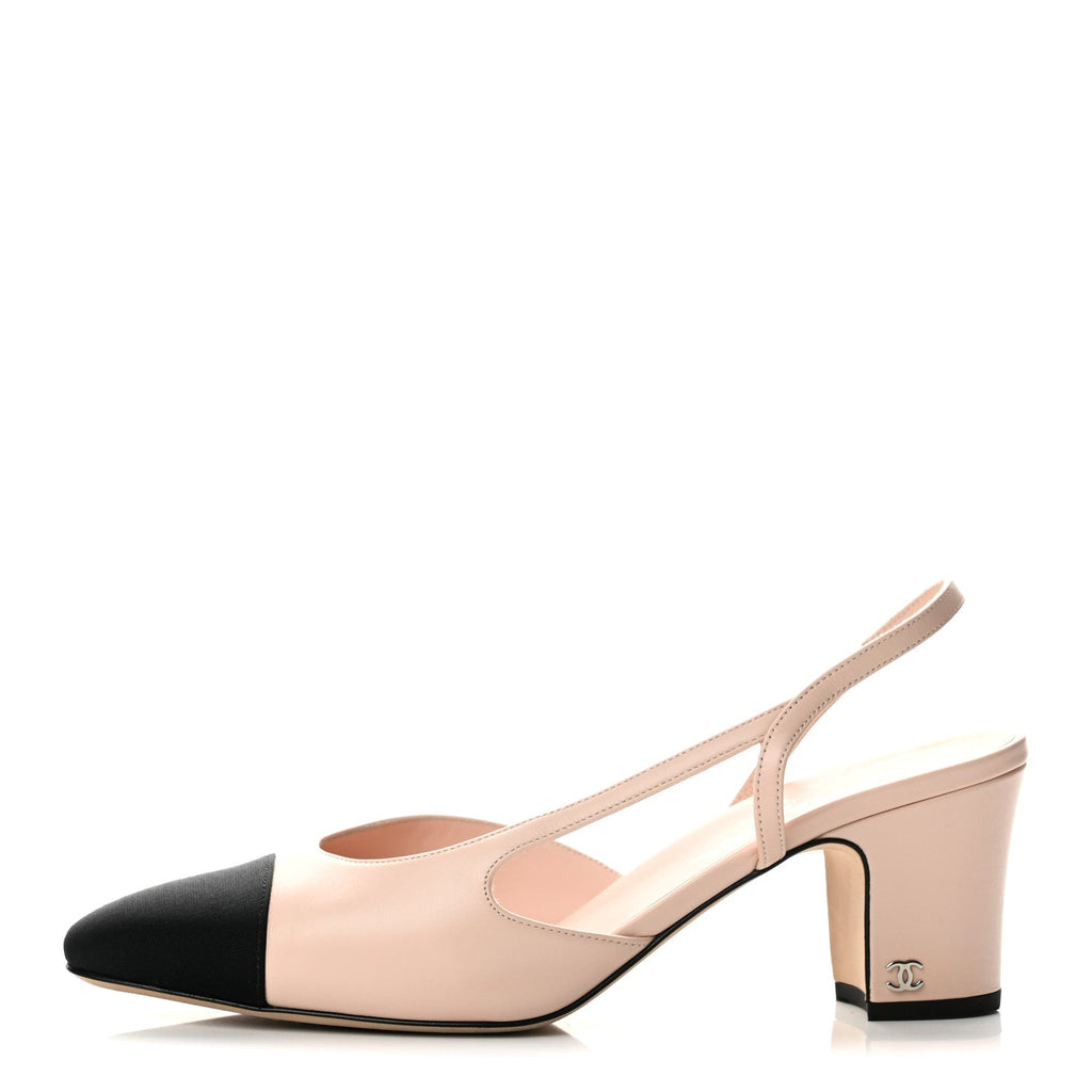 Calfskin Grosgrain Cap Toe CC Slingback Pumps 40.5 Light Pink Black