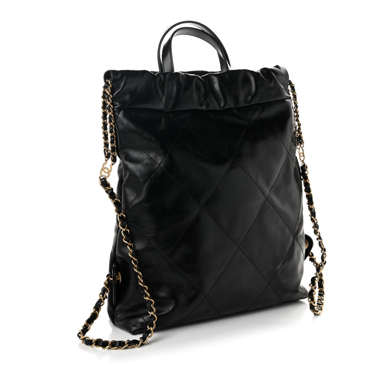 Shiny Calfskin Quilted Chanel 22 Backpack Black