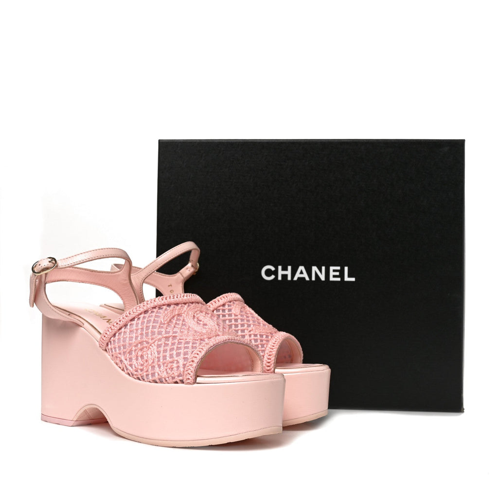 Fabric Calfskin CC Platform Sandals 40 Light Pink