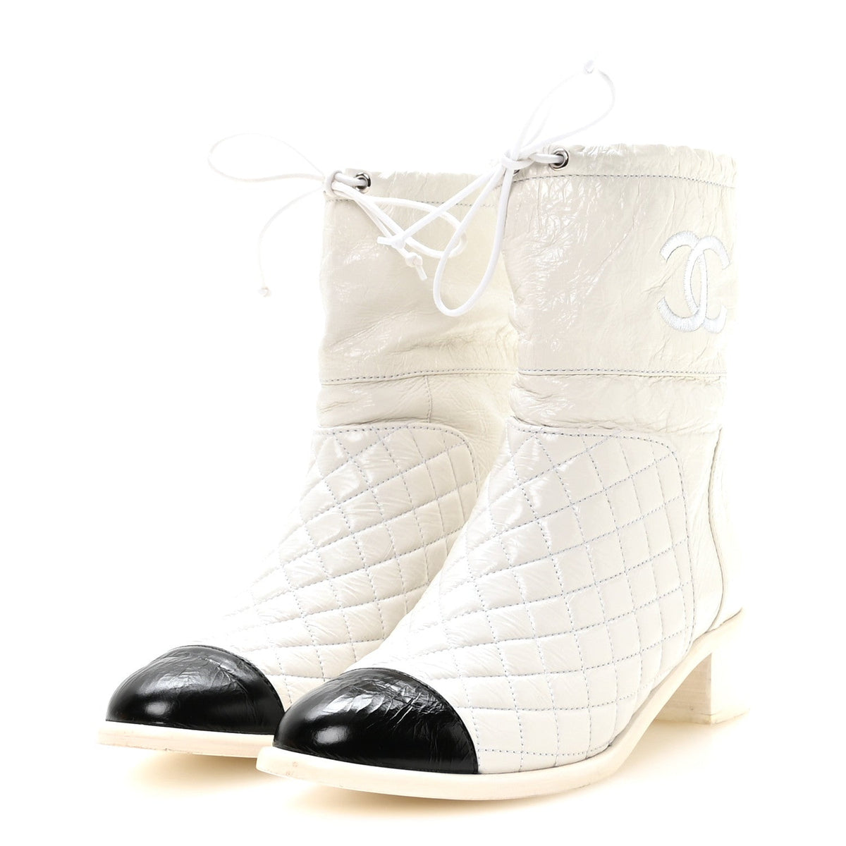 Distressed Patent Quilted Cap Toe Short Boots 38.5 White Black
