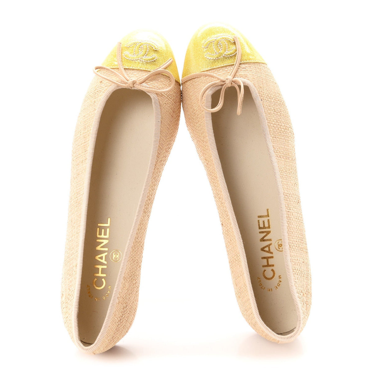 Raffia Patent Glitter Cap Toe Ballerina Flats 38 Gold Beige