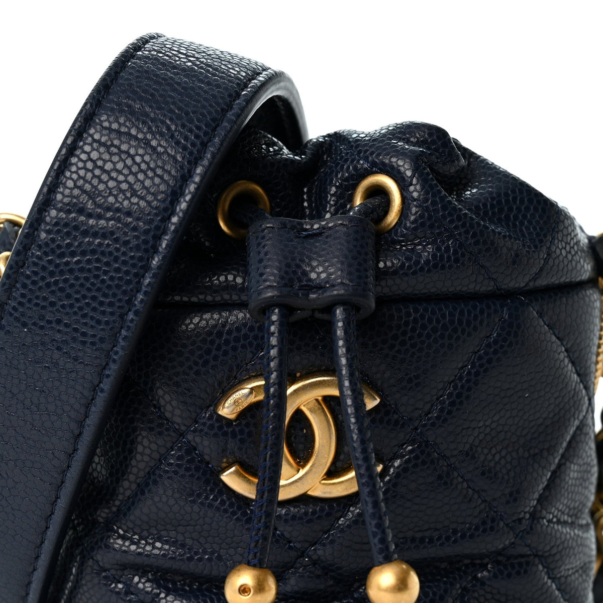 Caviar Quilted Twist Your Buttons Mini Bucket Bag Navy