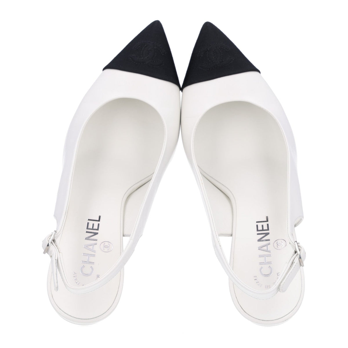 Goatskin Grosgrain Pointed Cap Toe CC Slingback Pumps 38.5 White Black