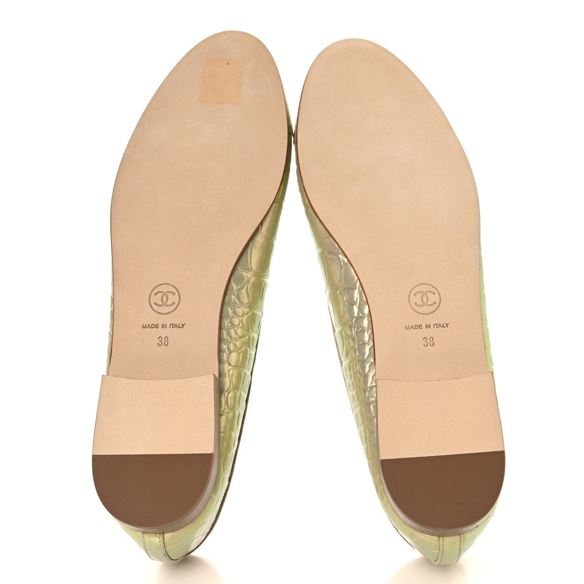 Iridescent Calfskin Crocodile Embossed Ballerina Flats 38 Yellow