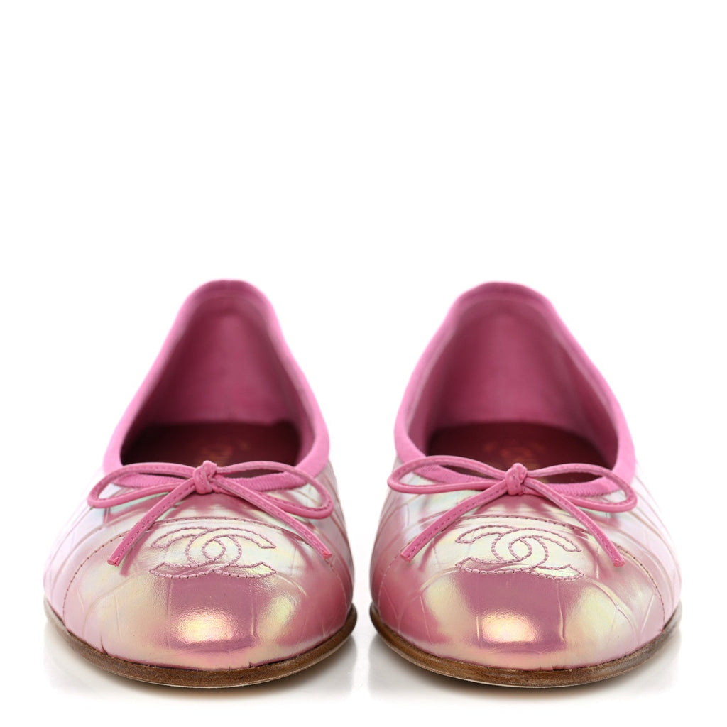 Iridescent Calfskin Crocodile Embossed Ballerina Flats  35.5 Pink