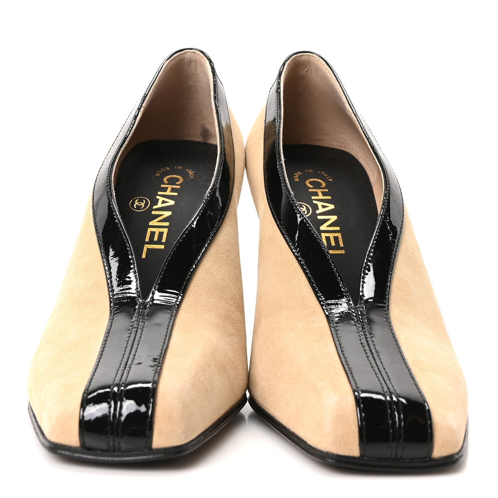 Suede Patent Calfskin Pumps 36.5 Beige Black