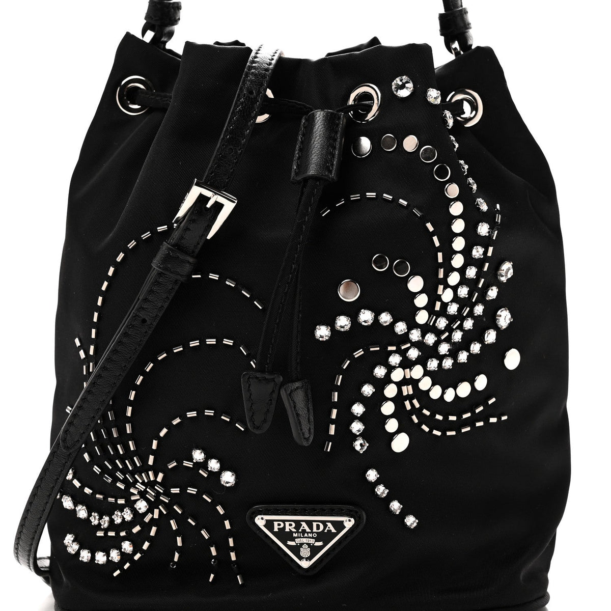 Tessuto Saffiano Ricamo Sequin Crystal Embellished Mini Re-Edition 1978 Bucket Bag Black