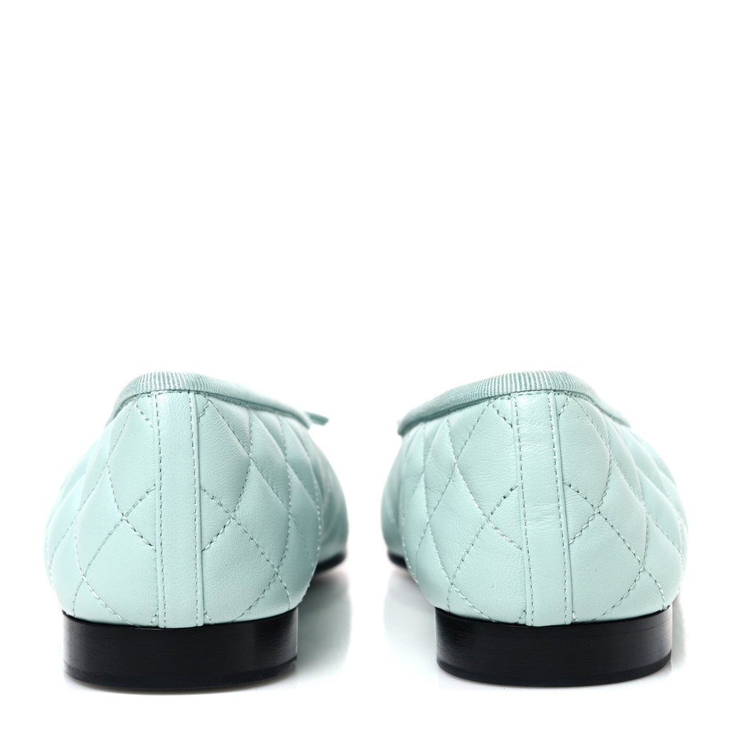 Lambskin Quilted CC Cap Toe Ballerina Flats 38 Light Blue Black