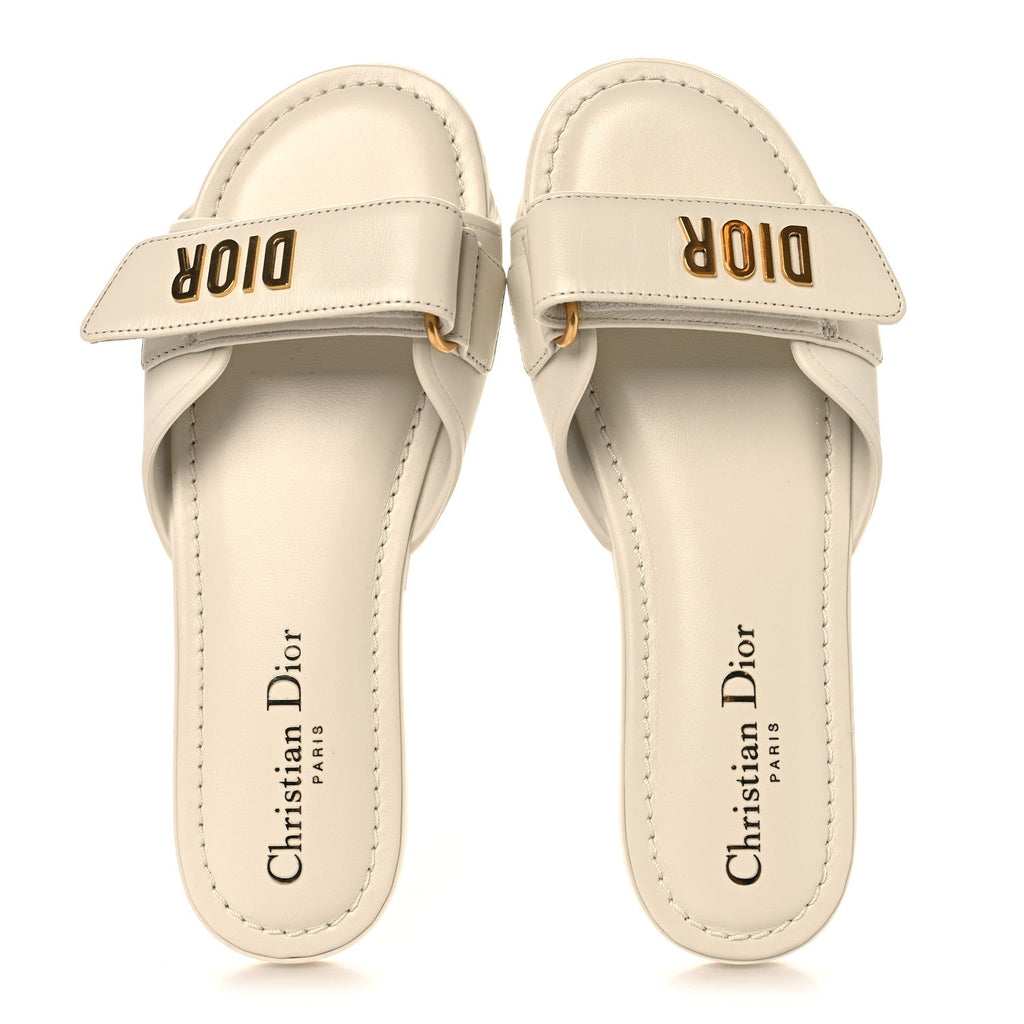 Lambskin Rubber Dioriviera Dioract Flat Slide Sandals 35 White