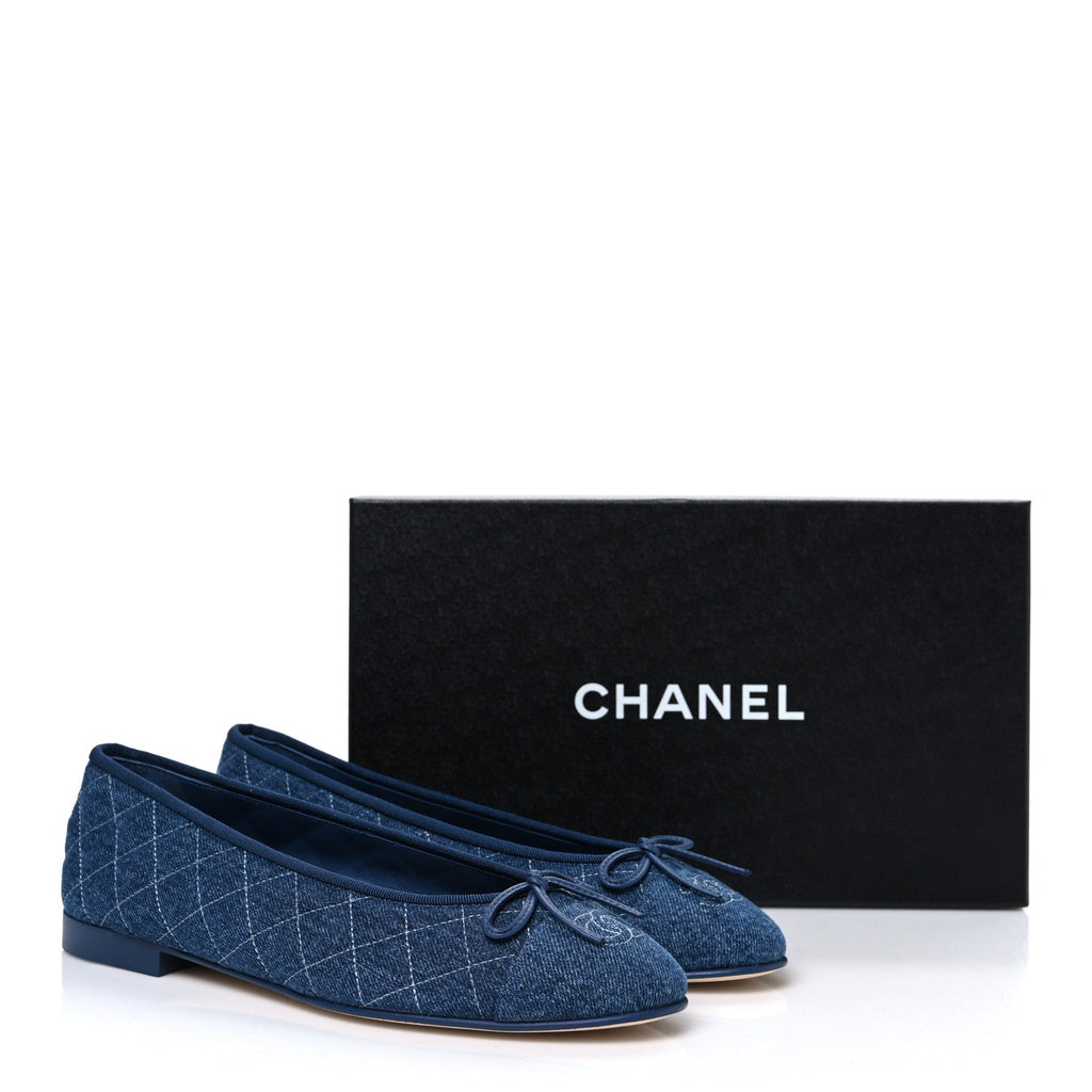 Washed Denim Quilted Cap Toe CC Ballerina Flats 41 Blue
