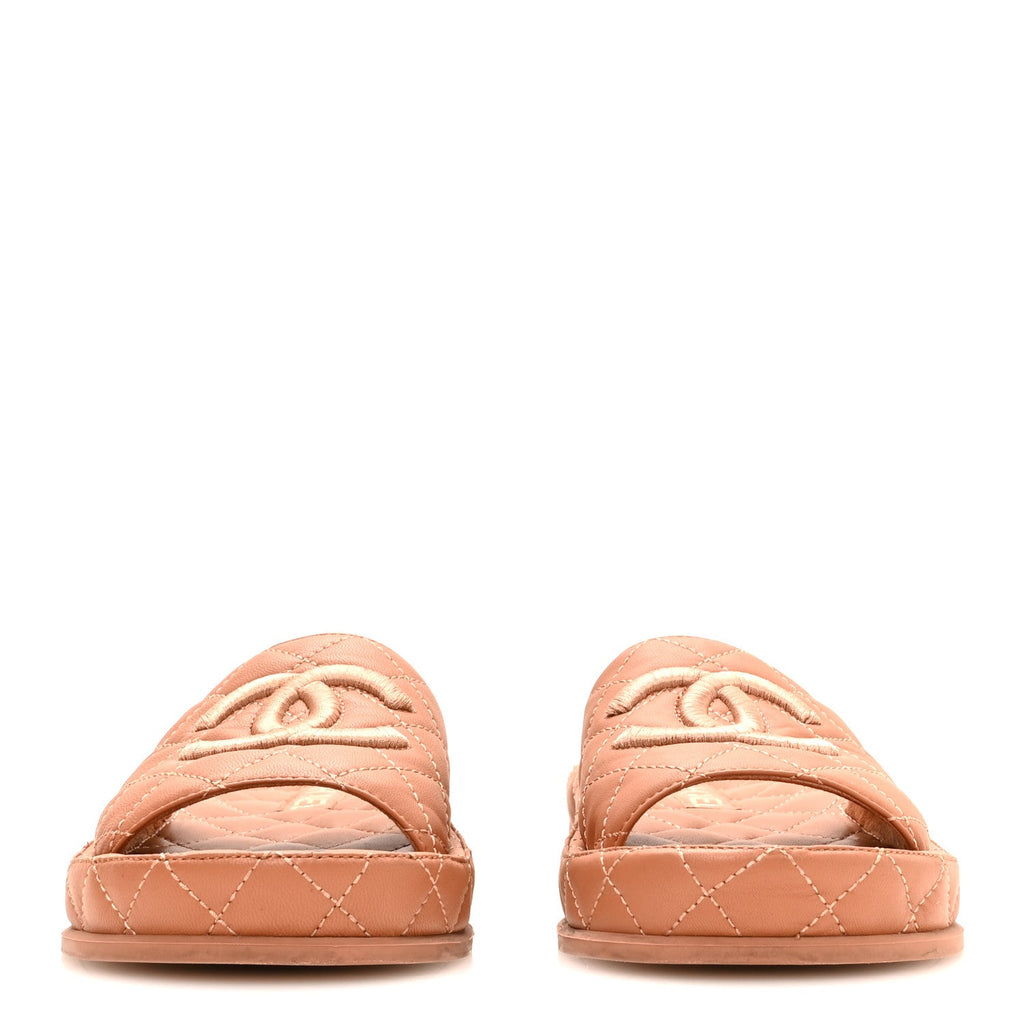 Lambskin Quilted CC Mules Sandals 37 Brown