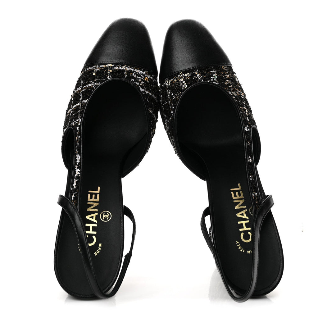 Glittered Wool Tweed Lambskin Cap Toe CC Slingback Pumps 40 Black White Gold