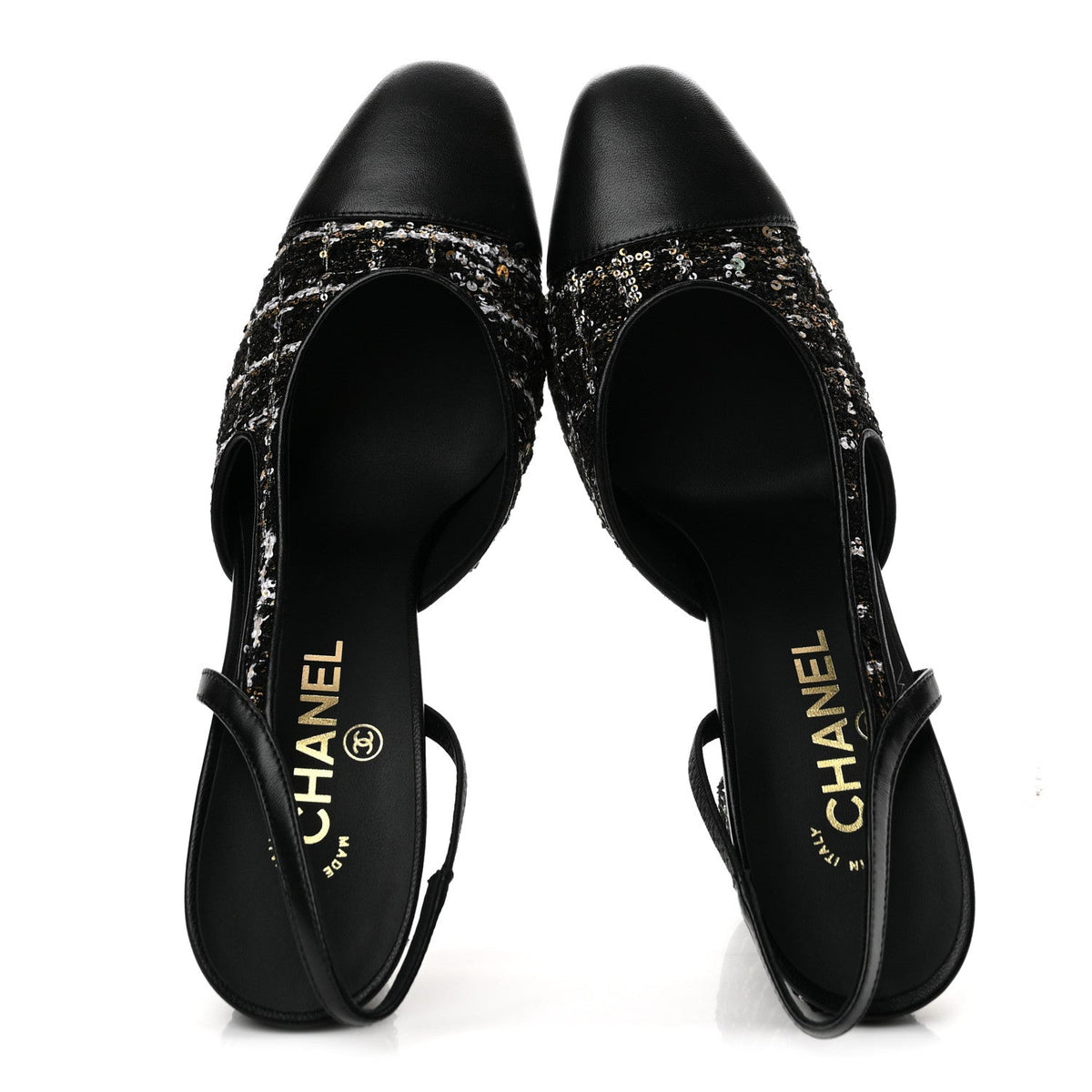 Glittered Wool Tweed Lambskin Cap Toe CC Slingback Pumps 40 Black White Gold