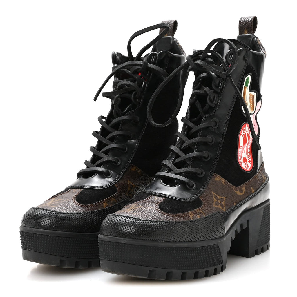 Suede Calfskin Monogram LV Black Heart Laureate Platform Desert Boots 37.5 Black