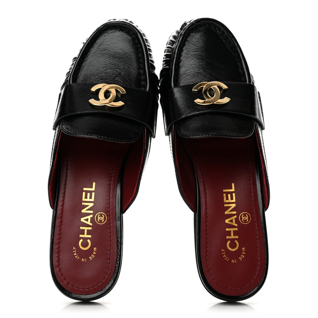Shiny Crumpled Lambskin CC Mules 36 Black