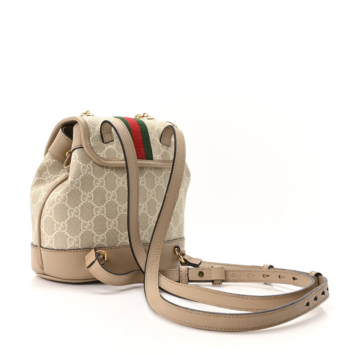 GG Supreme Monogram Textured Dollar Calfskin Web Mini Chain Drawstring Backpack Beige Mystic White Oatmeal