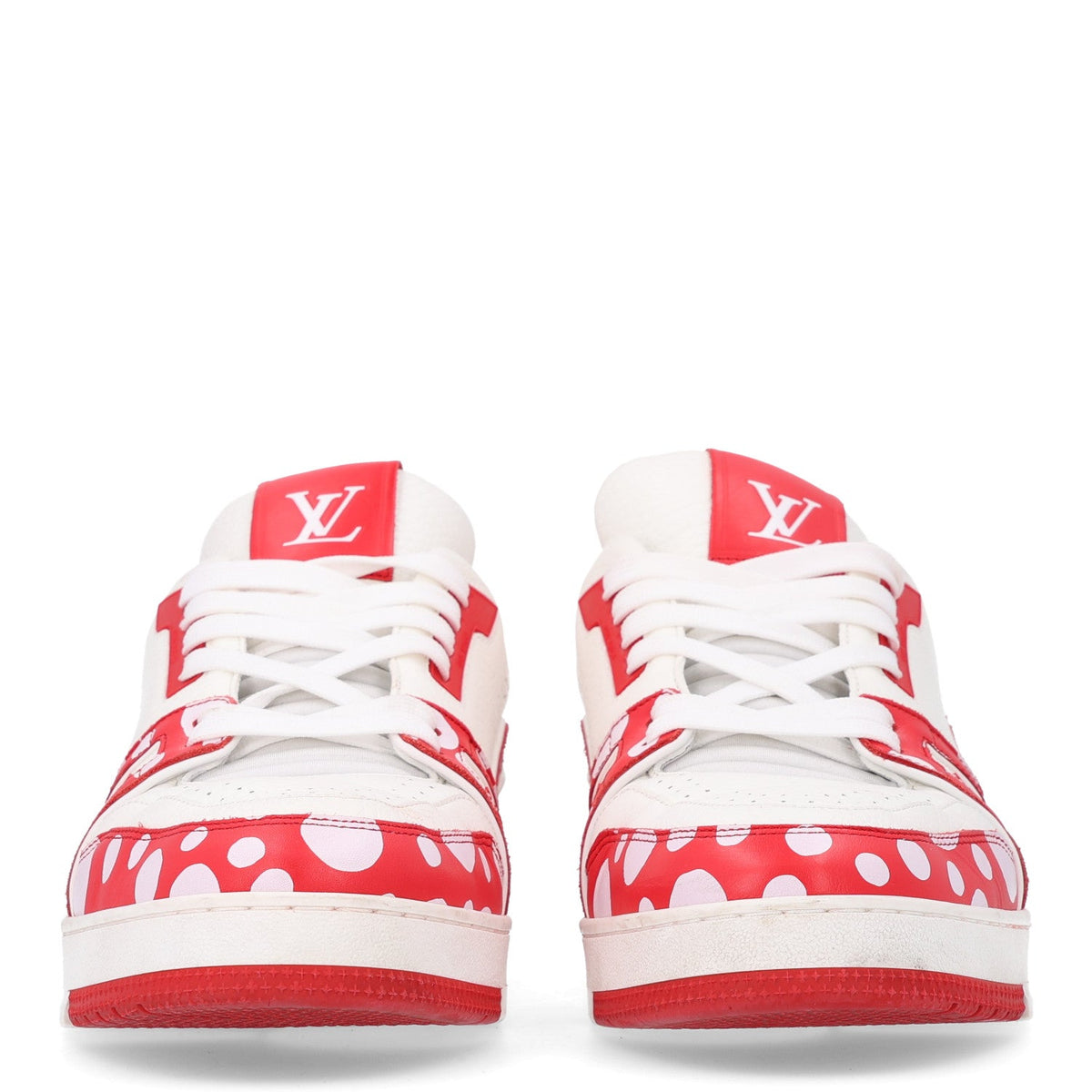 LV X YK Calfskin Printed Mens Infinity Dots Trainer Sneakers 10 White Red