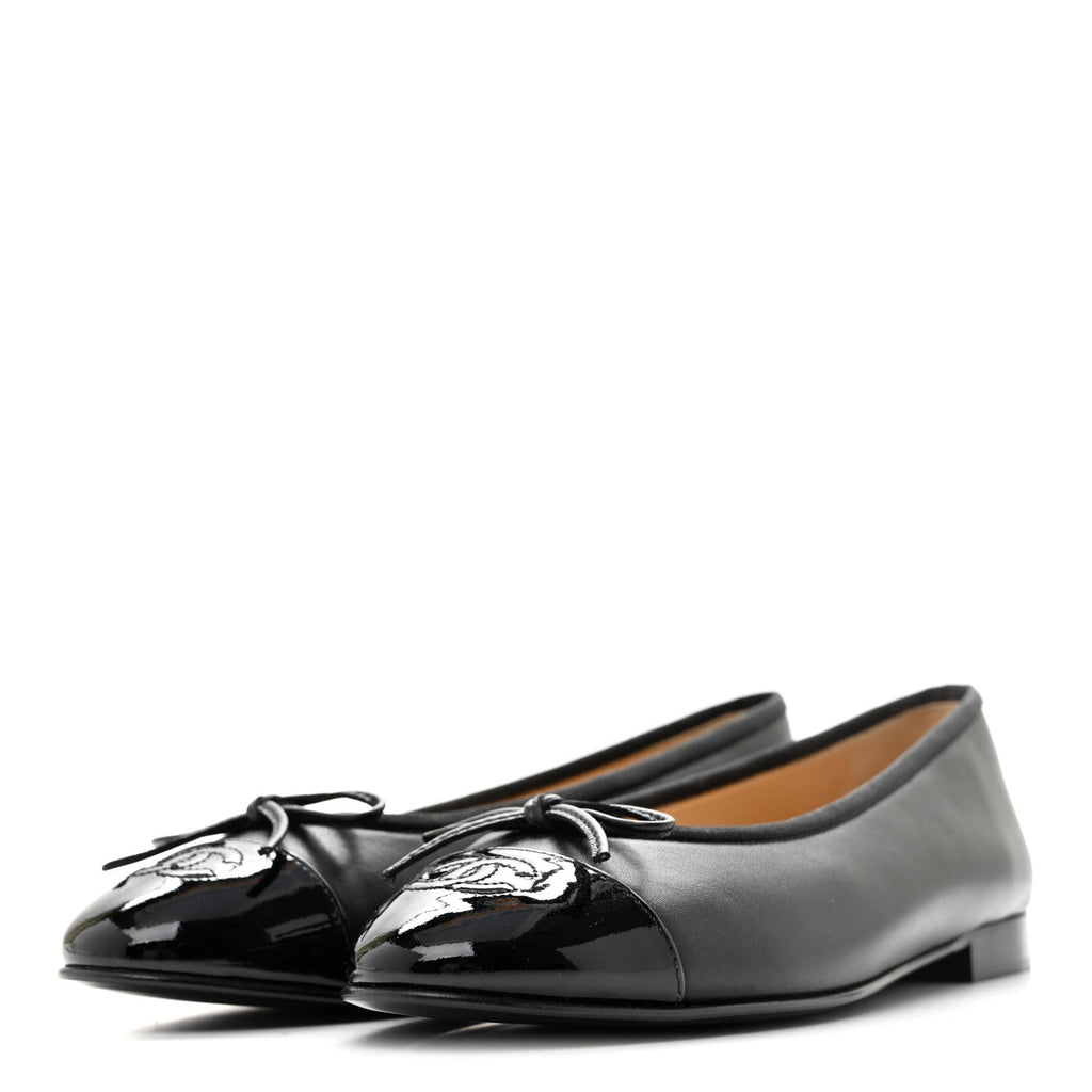 Lambskin Patent Cap Toe Ballerina Flats 39.5 Black