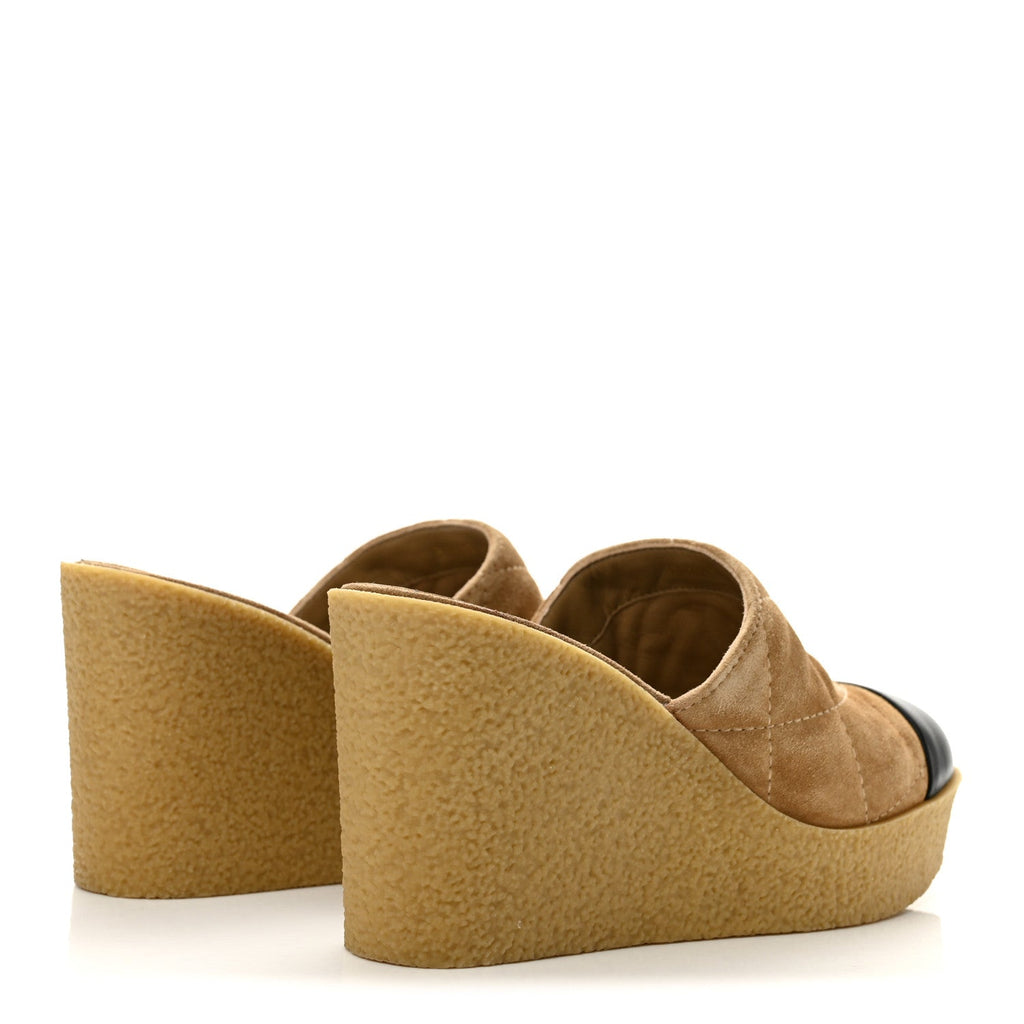 Suede Calfskin Lambskin Quilted CC Mules 39 Beige Black