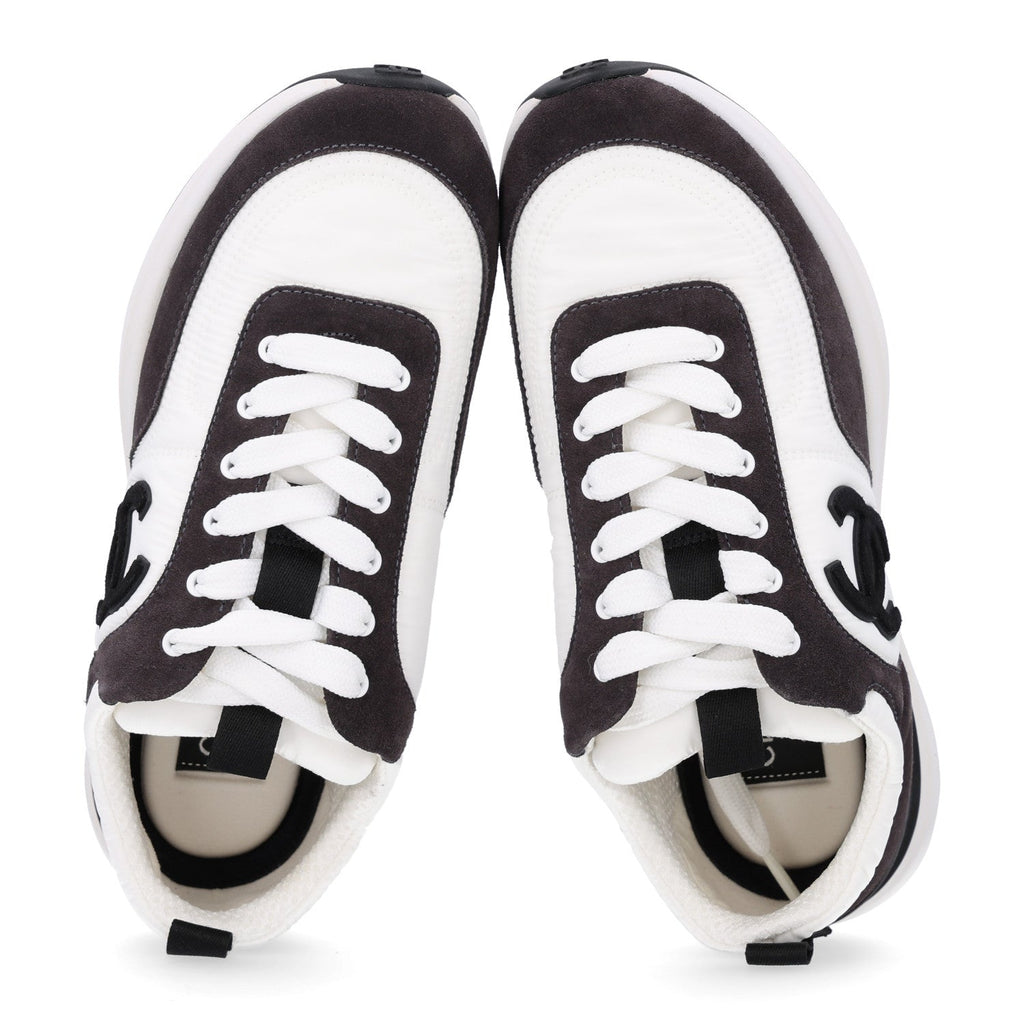 Calfskin Mesh Lycra Suede Womens Logo Sneakers 37.5 White Black