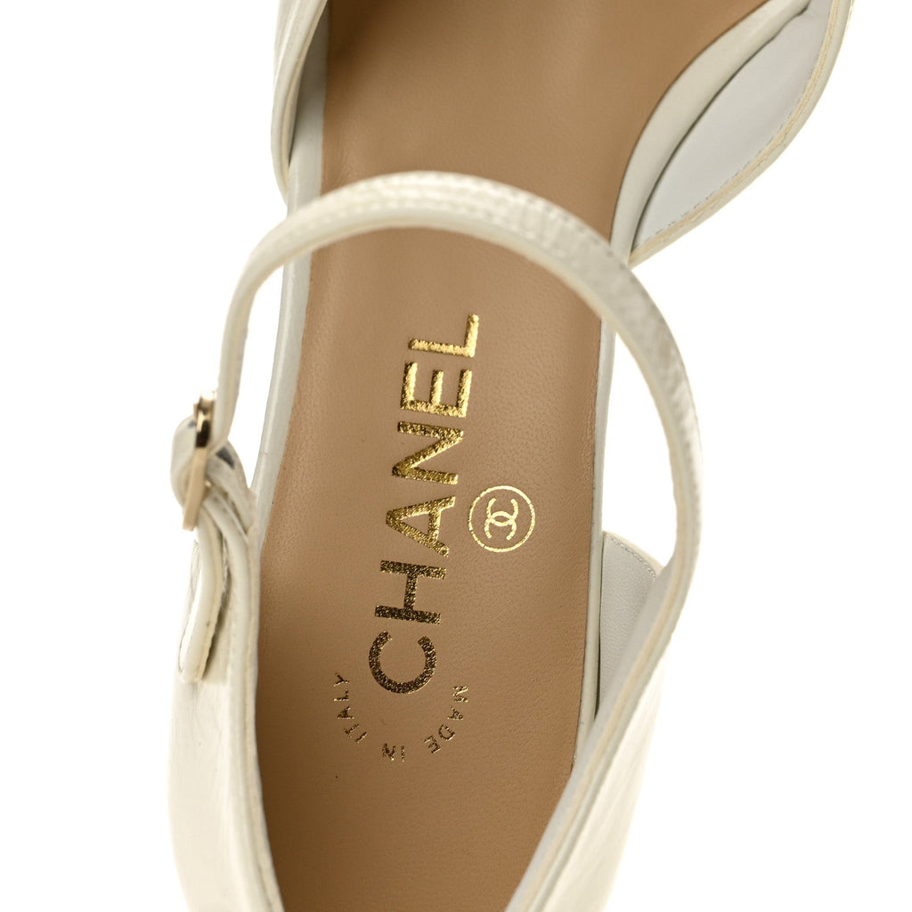 Shiny Lambskin CC Cap Toe Mary Janes Pumps 40 White Light Beige