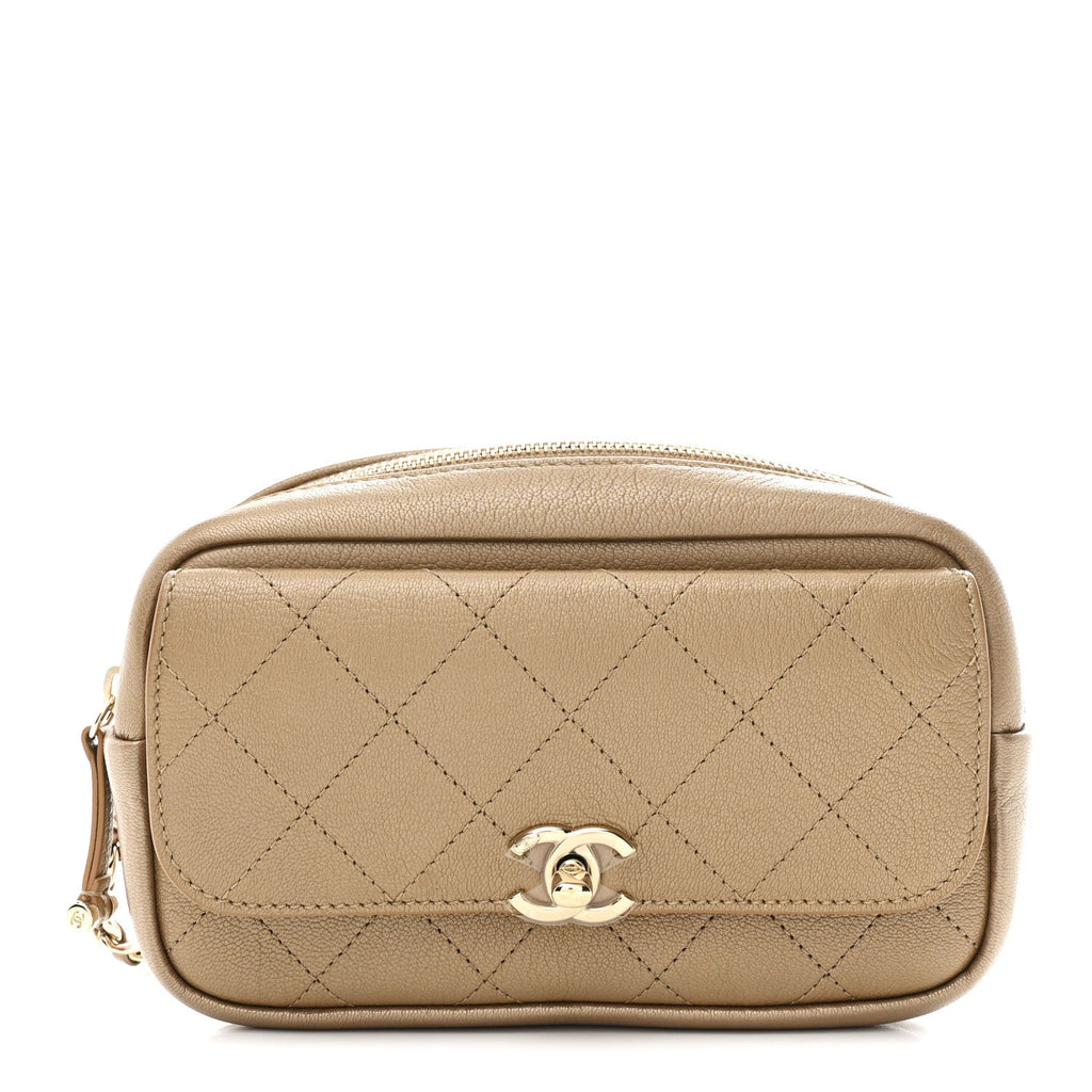 Metallic Goatskin Quilted Casual Trip Waist Bag Beige