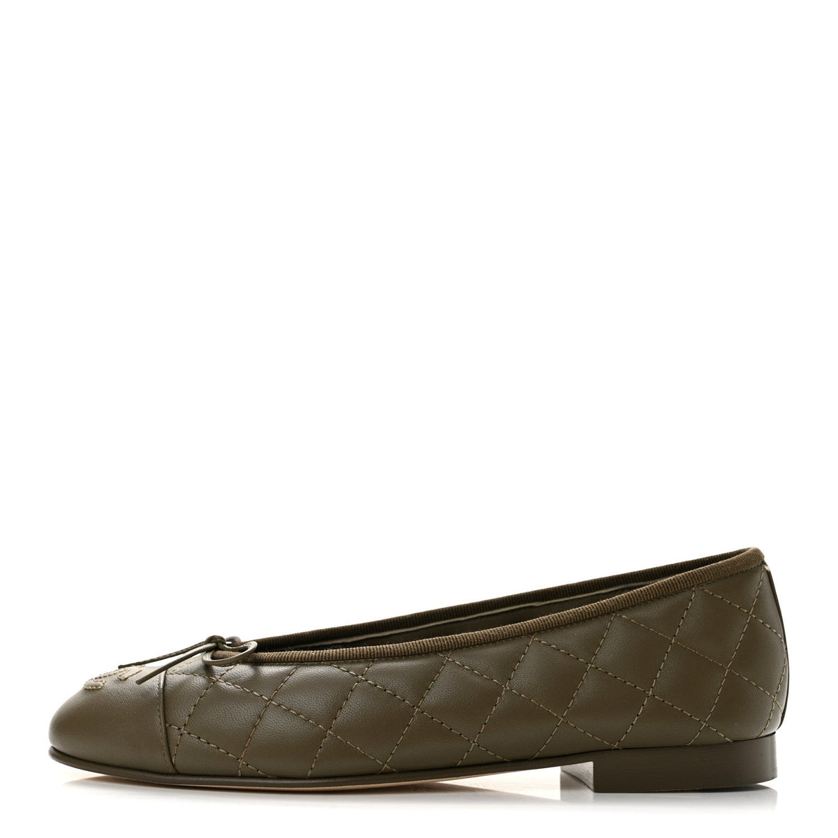 Lambskin Quilted CC Cap Toe Ballerina Flats 35.5 Dark Khaki
