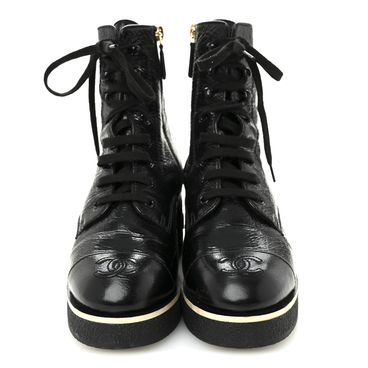 Shiny Crumpled Lambskin Lace Up Combat Boots 37 Black
