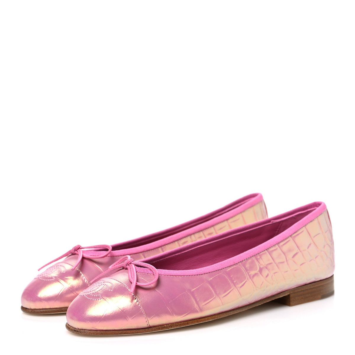 Iridescent Calfskin Crocodile Embossed Ballerina Flats 36.5 Pink