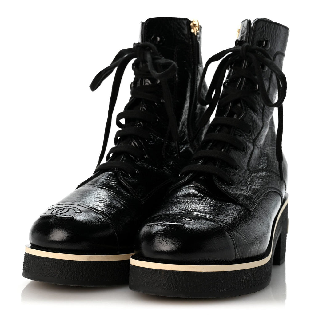Shiny Crumpled Lambskin Lace Up Combat Boots 38 Black
