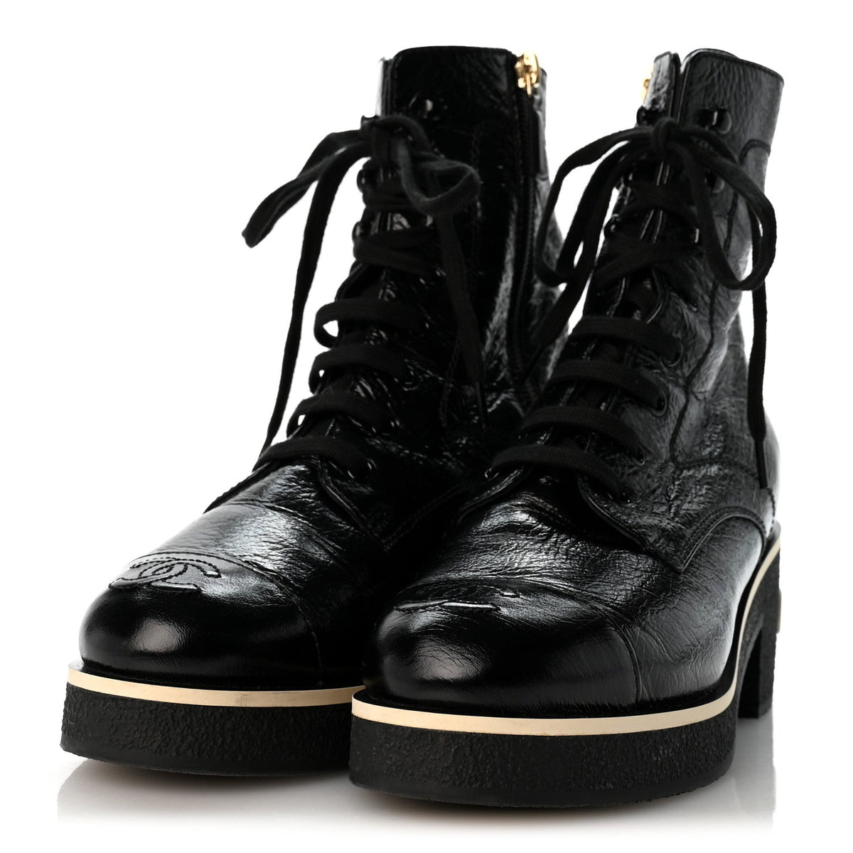 Shiny Crumpled Lambskin Lace Up Combat Boots 38 Black