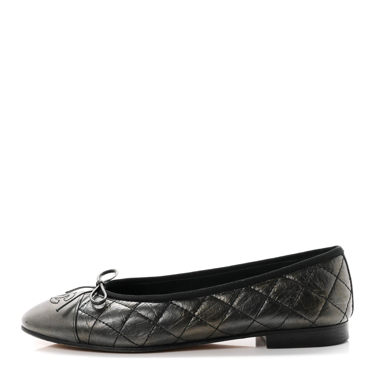 Metallic Aged Calfskin Quilted CC Cap Toe Ballerina Flats 38.5 Dark Silver