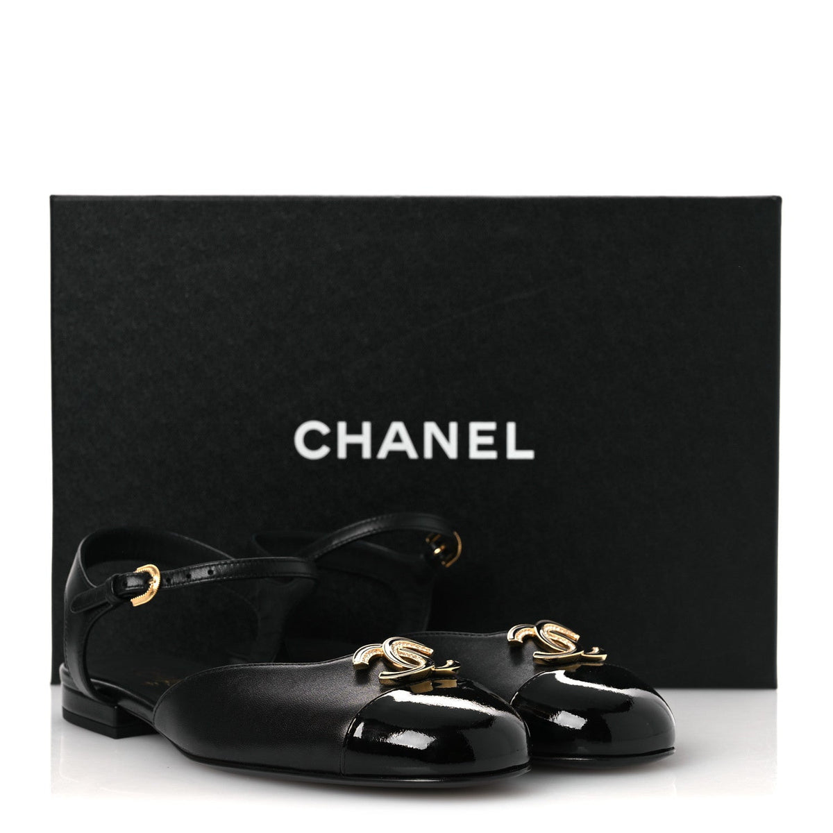 Lambskin Patent Cap Toe Crystal Enamel CC Mary Jane Slingback Flats 36 Black