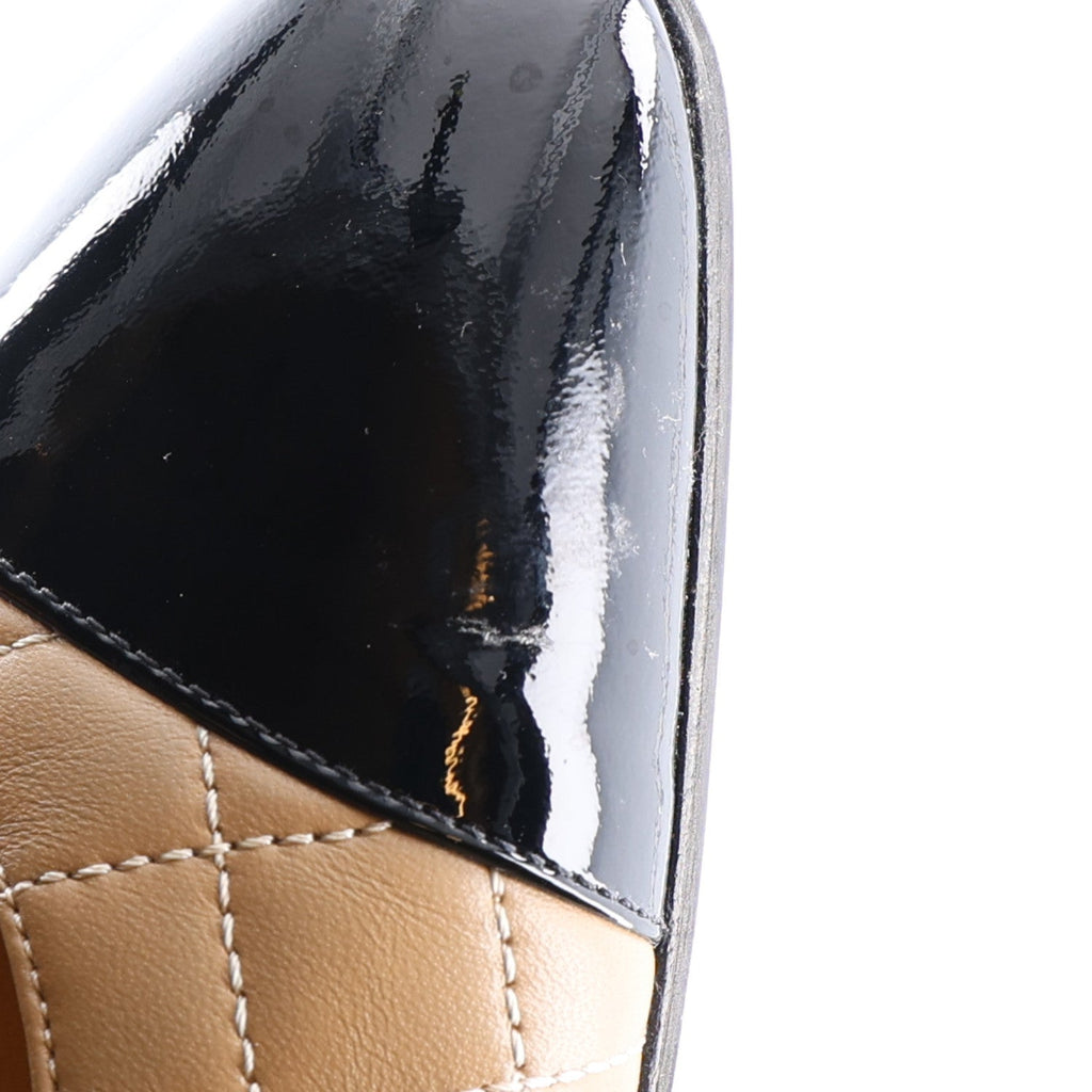 Lambskin Patent Calfskin Quilted Cap Toe CC Slingback Pumps 38.5 Beige Black