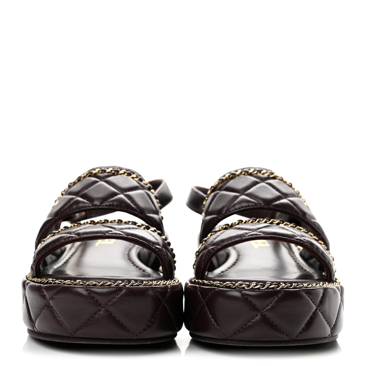 Shiny Lambskin Quilted Chain Around CC Platform Sandals 36 Burgundy