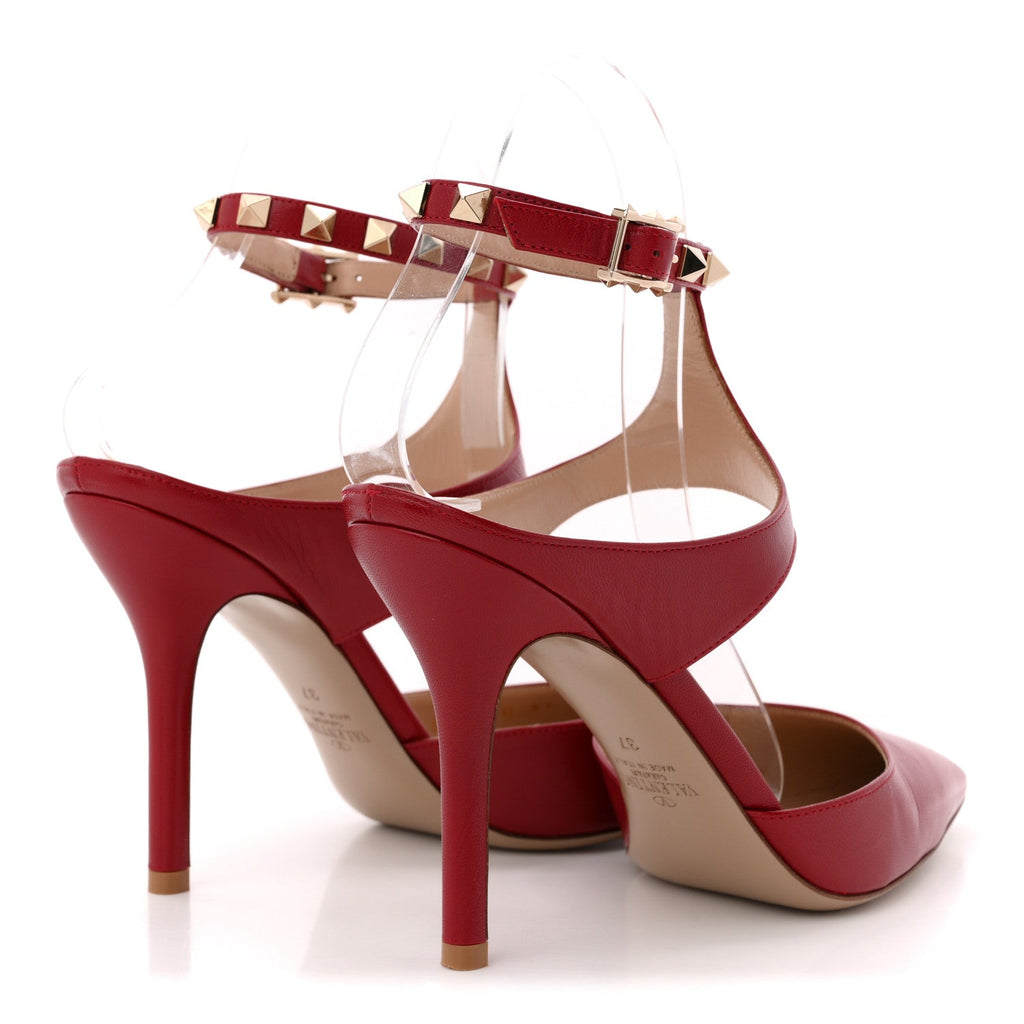 Calfskin Rockstud Ankle Strap 100mm Pumps 37 Red