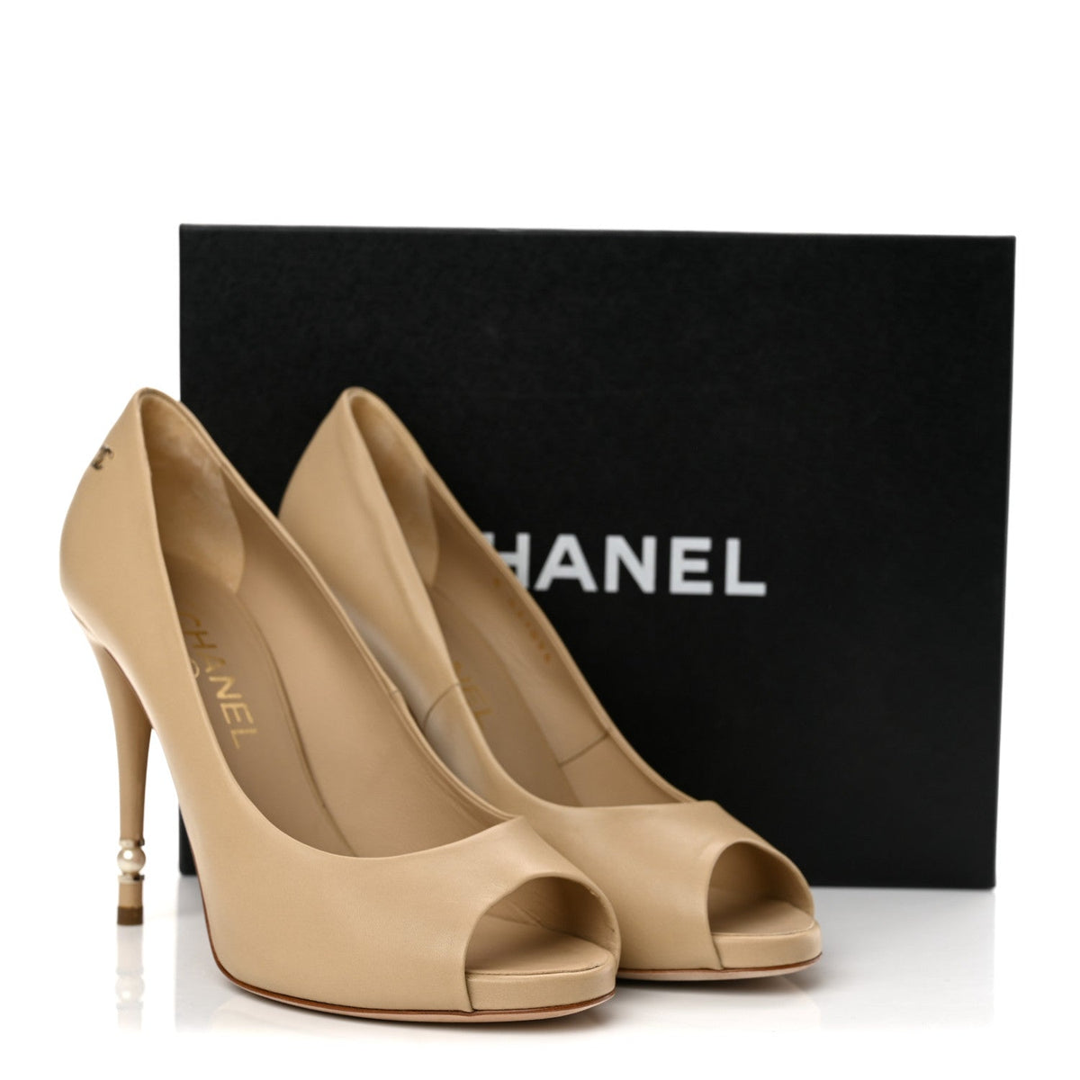 Lambskin Pearl Peep Toe Pumps 39 Beige