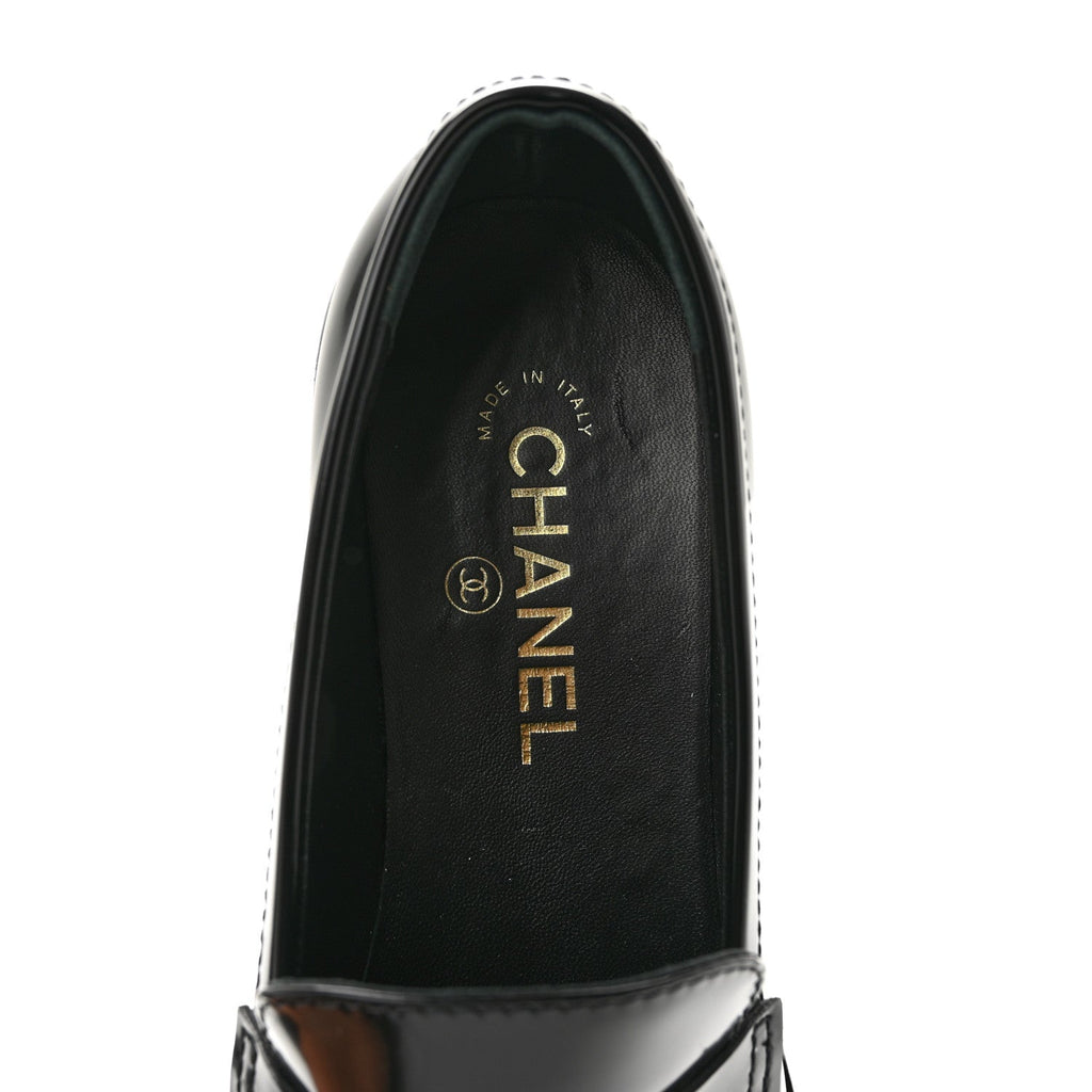 Shiny Calfskin Quilted CC Mocassin Loafers 39 Black