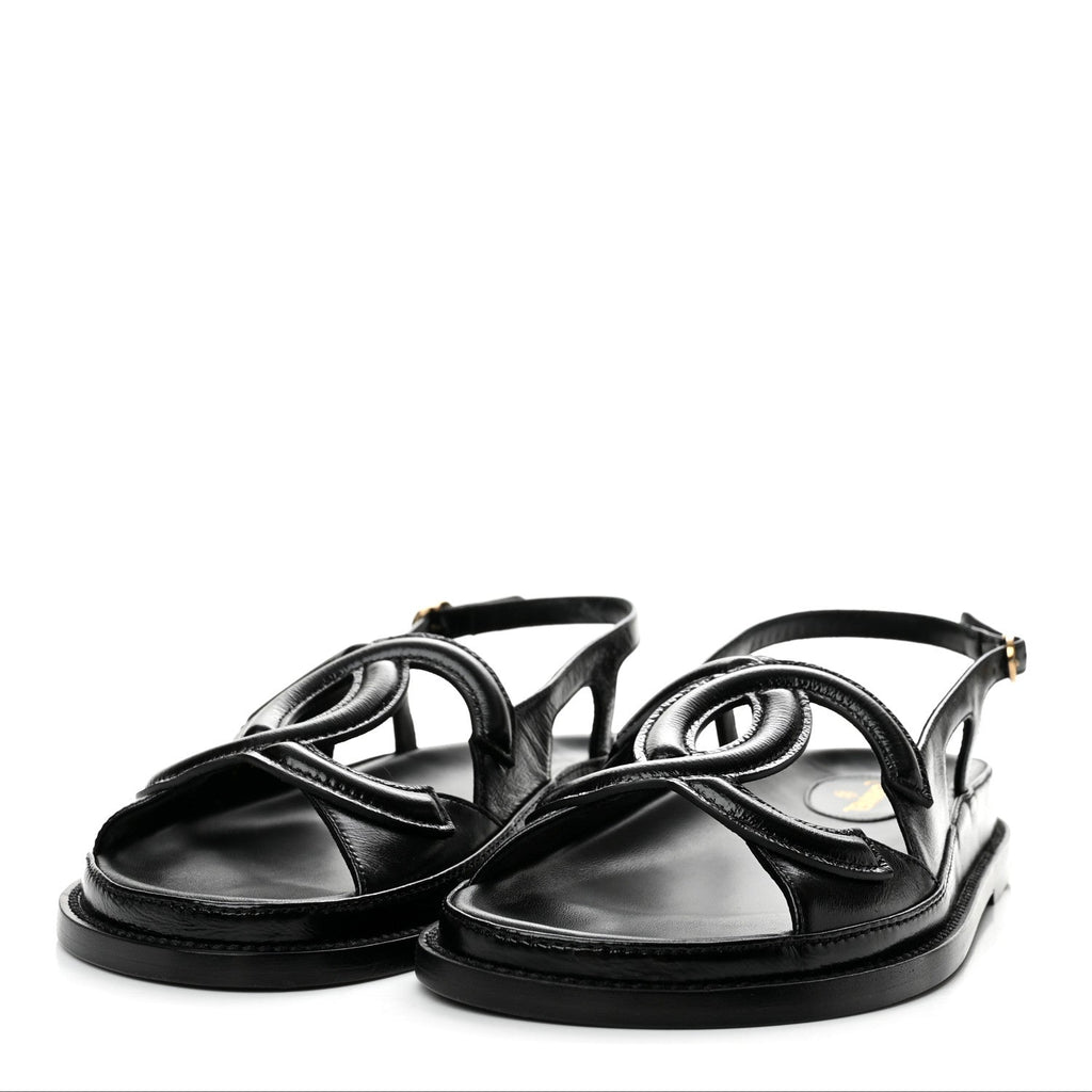 Shiny Crumpled Lambskin CC Cut Out Sandals 37.5 Black