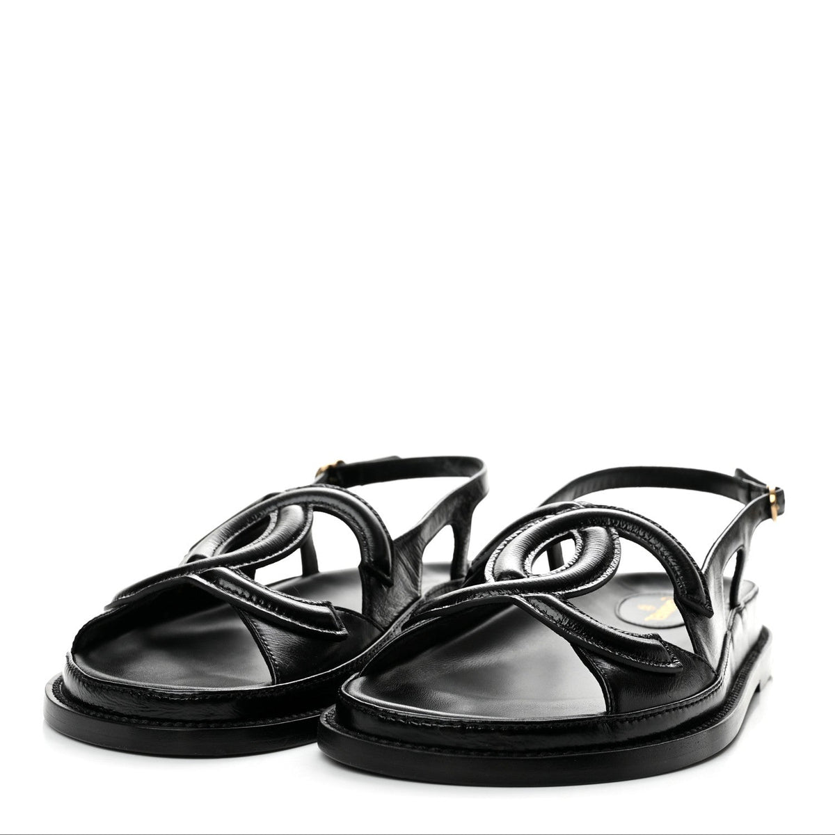 Shiny Crumpled Lambskin CC Cut Out Sandals 37.5 Black