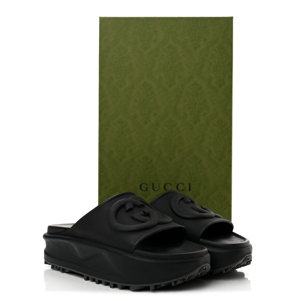 Soft Rubber Womens Interlocking G Platform 42mm Slide Sandals 36 Black